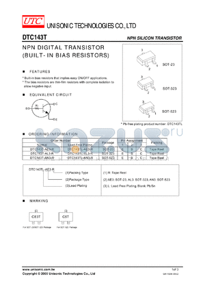 DTC143T-AE3-R datasheet - NPN DIGITAL TRANSISTOR (BUILT- IN BIAS RESISTORS)