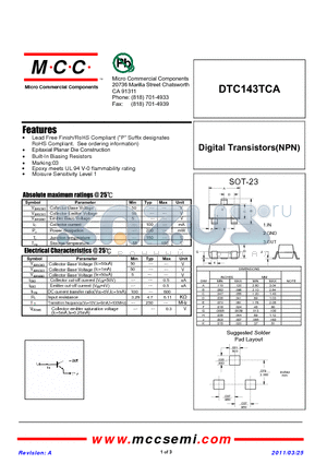 DTC143TCA datasheet - Digital Transistors(NPN)
