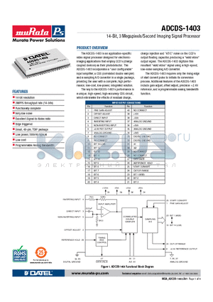 ADCDS-1403 datasheet - 14-Bit, 3 Megapixels/Second Imaging Signal Processor