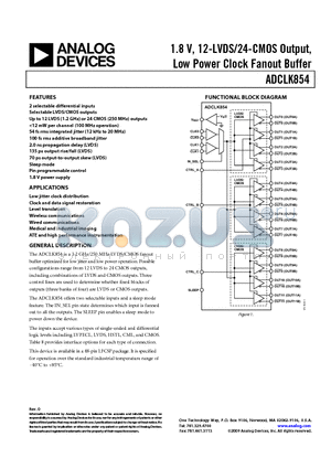 ADCLK854 datasheet - 1.8 V, 12-LVDS/24-CMOS Output, Low Power Clock Fanout Buffer