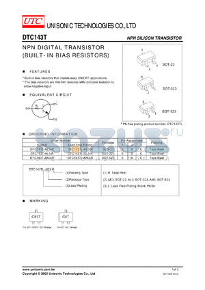 DTC143TL-AL3-R datasheet - NPN DIGITAL TRANSISTOR (BUILT- IN BIAS RESISTORS)