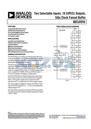 ADCLK950 datasheet - Two Selectable Inputs, 10 LVPECL Outputs, SiGe Clock Fanout Buffer