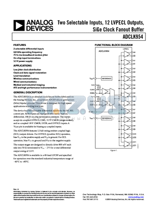 ADCLK954 datasheet - Two Selectable Inputs, 12 LVPECL Outputs, SiGe Clock Fanout Buffer