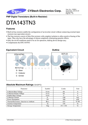 DTC143TN3 datasheet - PNP Digital Transistors (Built-in Resistor)