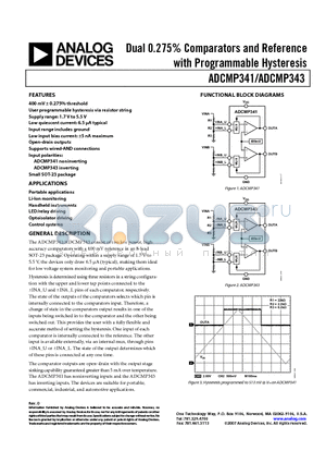 ADCMP343 datasheet - Dual 0.275% Comparators and Reference with Programmable Hysteresis