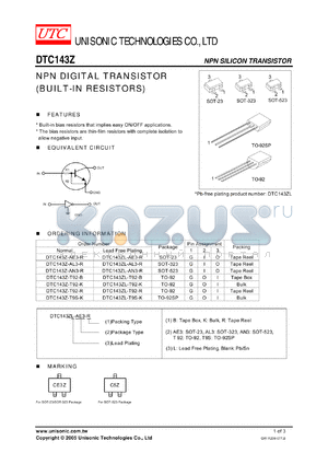 DTC143Z-T92-R datasheet - NPN DIGITAL TRANSISTOR (BUILT-IN RESISTORS)