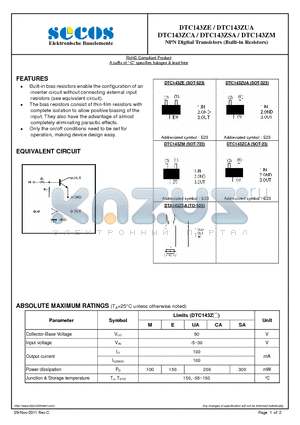 DTC143ZCA datasheet - NPN Digital Transistors(Built-in Resistors)