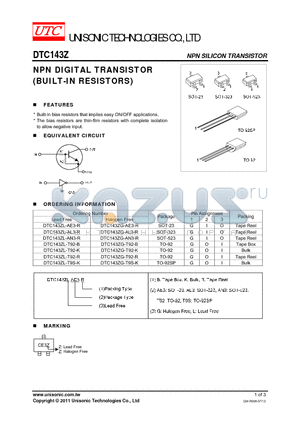 DTC143ZG-AN3-R datasheet - NPN DIGITAL TRANSISTOR (BUILT-IN RESISTORS)