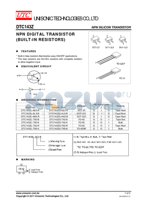 DTC143ZG-T92-K datasheet - NPN DIGITAL TRANSISTOR (BUILT-IN RESISTORS)