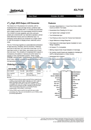 IC7135 datasheet - 4 1/2 Digit, BCD Output, A/D Converter