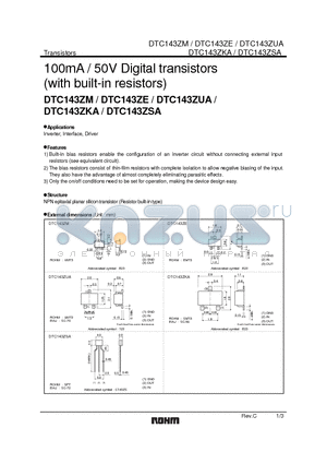 DTC143ZUA datasheet - 100mA / 50V Digital transistors (with built-in resistors)