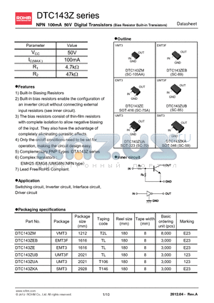 DTC143ZUB datasheet - NPN 100mA 50V Digital Transistors (Bias Resistor Built-in Transistors)