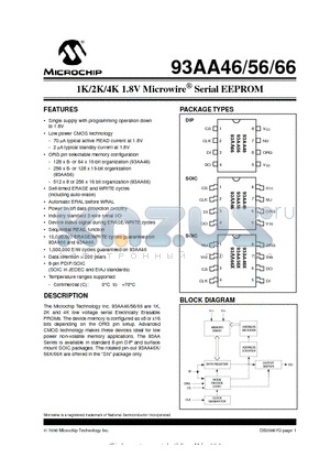 93AA66 datasheet - 1K/2K/4K 1.8V Microwire  Serial EEPROM