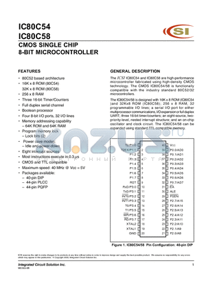 IC80C58 datasheet - CMOS SINGLE CHIP 8-BIT MICROCONTROLLER