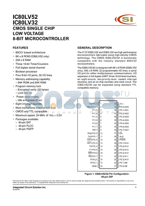 IC80LV52-24PQ datasheet - CMOS SINGLE CHIP LOW VOLTAGE 8-BIT MICROCONTROLLER