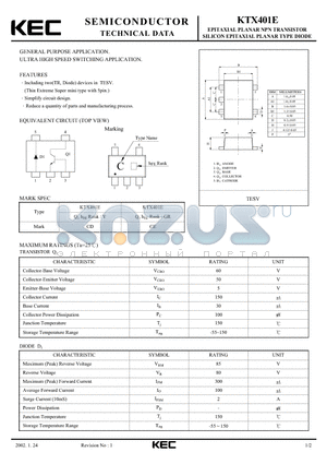 KTX401E datasheet - EPITAXIAL PLANAR PNP TRANSISTOR SILICON EPITAXIAL PLANAR TYPE DIODE (GENERAL PURPOSE, ULTRA HIGH SPEED SWITCHING)