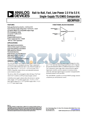 ADCMP609BRMZ-REEL1 datasheet - Rail-to-Rail, Fast, Low Power 2.5 V to 5.5 V, Single-Supply TTL/CMOS Comparator