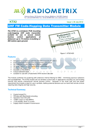 KTX2_12 datasheet - UHF FM Code-Hopping Data Transmitter Module