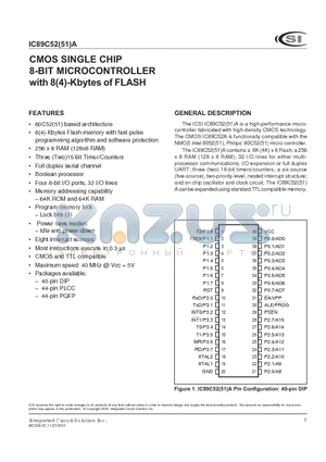 IC89C51A-12PL datasheet - CMOS SINGLE CHIP 8-BIT MICROCONTROLLER with 8(4)-Kbytes of FLASH