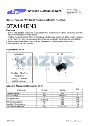 DTC144EN3 datasheet - General Purpose PNP Digital Transistors (Built-in Resistors)