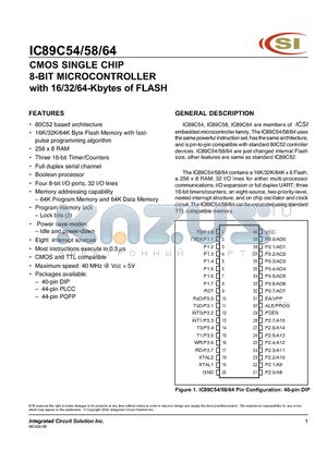 IC89C58 datasheet - CMOS SINGLE CHIP 8-BIT MICROCONTROLLER with 16/32/64-Kbytes of FLASH