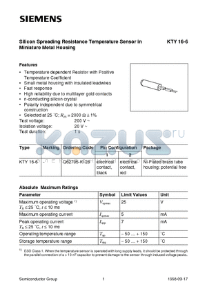 KTY16-6 datasheet - Silicon Spreading Resistance Temperature Sensor in Miniature Metal Housing