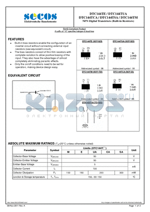 DTC144TCA datasheet - NPN Digital Transistors (Elektronische Bauelemente Built-in Resistors)