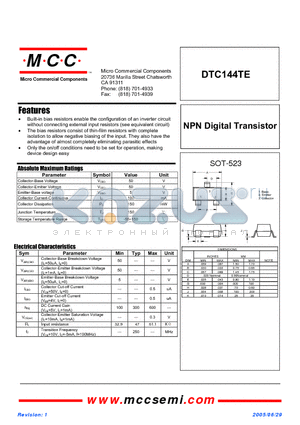 DTC144TE datasheet - NPN Digital Transistor