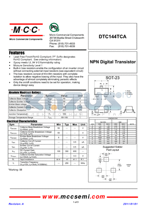 DTC144TCA datasheet - NPN Digital Transistor