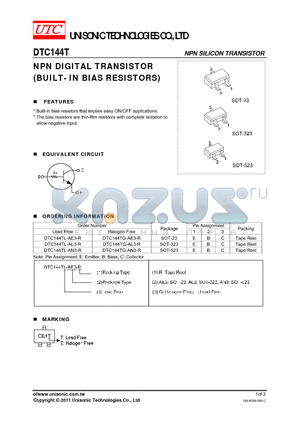 DTC144TG-AL3-R datasheet - NPN DIGITAL TRANSISTOR BUILT- IN BIAS RESISTORS)