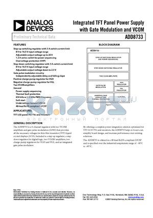 ADD8733 datasheet - Integrated TFT Panel Power Supply with Gate Modulation and VCOM