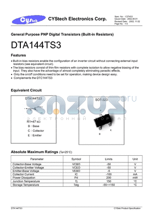 DTC144TS3 datasheet - General Purpose PNP Digital Transistors (Built-in Resistors)