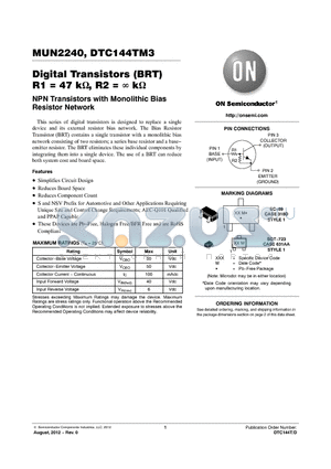 DTC144TM3 datasheet - Digital Transistors (BRT) R1 = 47 k, R2 =  k