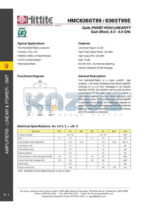 636ST89E datasheet - GaAs pHEMT High Linearity Gain Block, 0.2 - 4.0 GHz