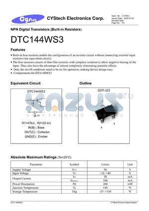 DTC144WS3 datasheet - NPN Digital Transistors (Built-in Resistors)
