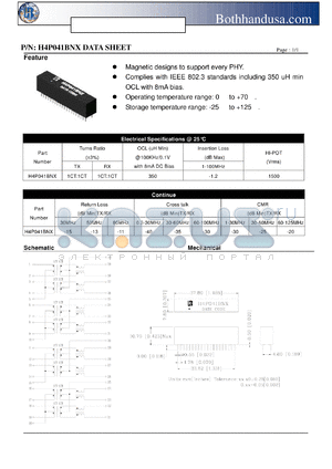 H4P041BNX datasheet - QUAD PORT 10/100 BASE-TX LAN MAGNETIC