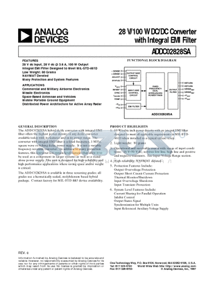ADDC02828SA datasheet - 28 V/100 W DC/DC Converter with Integral EMI Filter