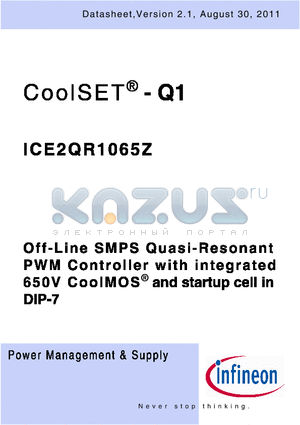 ICE2QR1065Z datasheet - Off-Line SMPS Quasi-Resonant PWM Controller with integrated 650V CoolMOS^ and startup cell in DIP-7