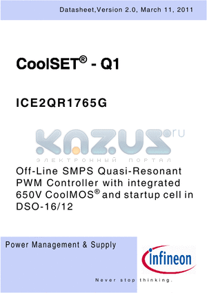 ICE2QR1765G datasheet - Off-Line SMPS Quasi-Resonant PWM Controller with integrated 650V CoolMOS^ and startup cell in DSO-16/12