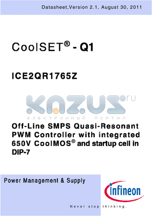 ICE2QR1765Z datasheet - Off-Line SMPS Quasi-Resonant PWM Controller with integrated 650V CoolMOS^ and startup cell in DIP-7