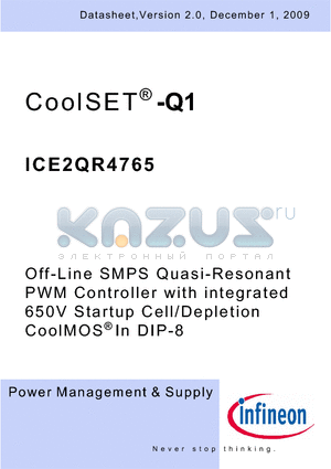ICE2QR4765 datasheet - Off-Line SMPS Quasi-Resonant PWM Controller with integrated 650V Startup Cell/Depletion CoolMOS In DIP-8