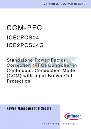 ICE2PCS04 datasheet - Standalone Power Factor Correction (PFC) Controller in Continuous Conduction Mode (CCM) with Input Brown-Out Protection