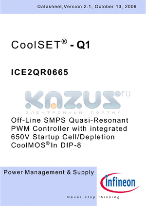 ICE2QR0665 datasheet - Off-Line SMPS Quasi-Resonant PWM Controller with integrated 650V Startup Cell/Depletion CoolMOS In DIP-8