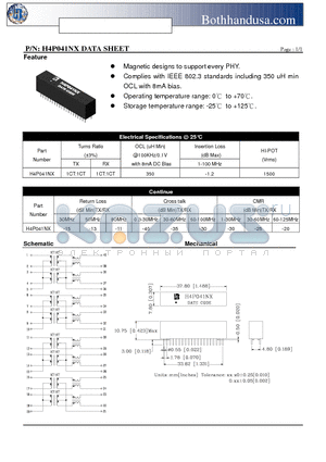 H4P041NX datasheet - QUAD PORT 10/100 BASE-TX LAN MAGNETIC