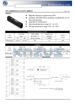 H4P041NXLF datasheet - QUAD PORT 10/100 BASE-TX LAN MAGNETIC