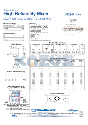 ADE-R11X+ datasheet - High Reliability Mixer Level 7 (LO Power 7 dBm) 10 to 2000 MHz