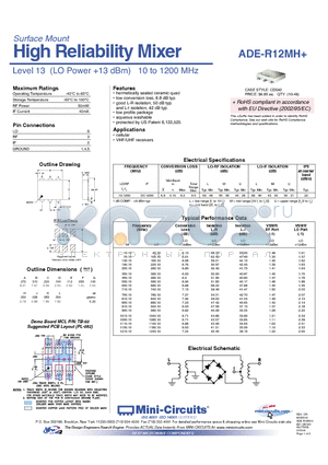 ADE-R12MH datasheet - High Reliability Mixer Level 13 (LO Power 13 dBm) 10 to 1200 MHz