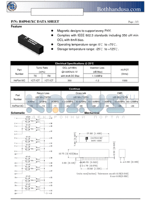 H4P041XC datasheet - QUAD PORT 10/100 BASE-TX LAN MAGNETIC