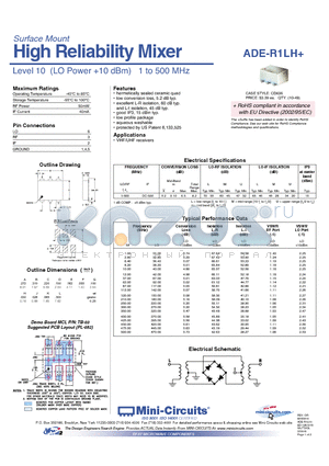 ADE-R1LH datasheet - High Reliability Mixer Level 10 (LO Power 10 dBm) 1 to 500 MHz