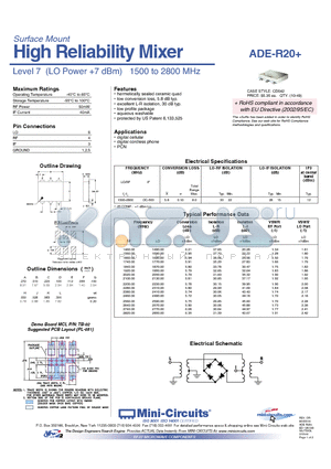 ADE-R20 datasheet - High Reliability Mixer Level 7 (LO Power 7 dBm) 1500 to 2800 MHz